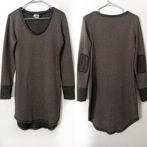 Kavu Brown Herringbone Sweater Dress Chevron Medium Elbow Patches Earthy Cozy
